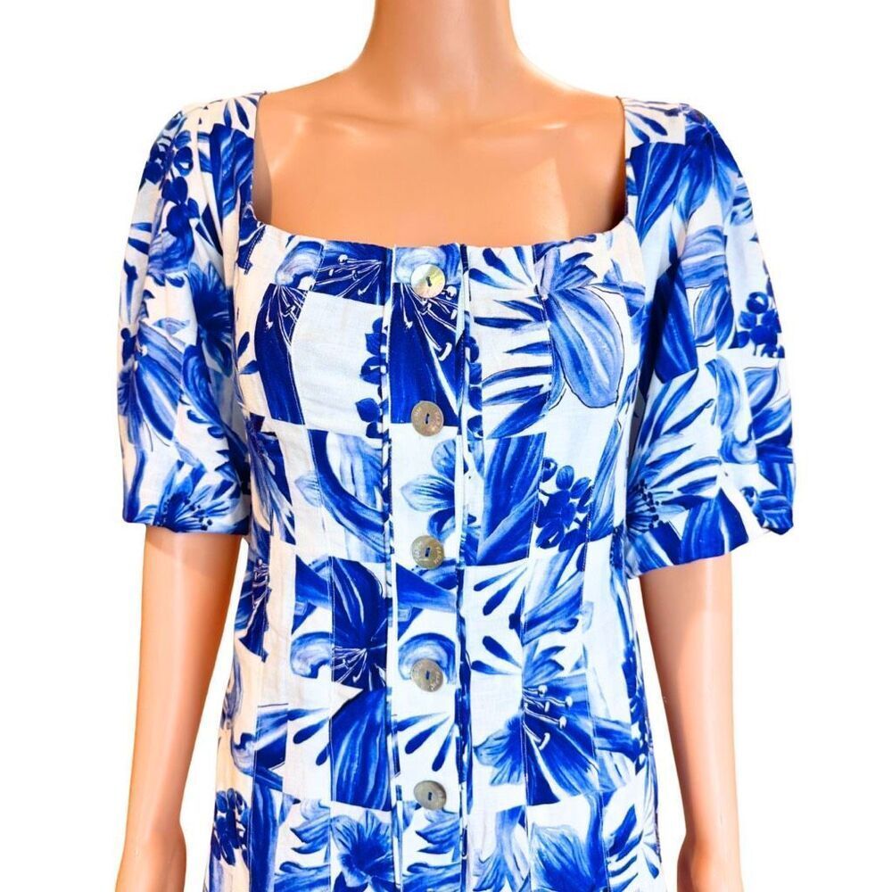 NWT Farm Rio Garden Tiles Blue Floral Linen Puff Sleeve Mini Dress XL Resort - Picture 5 of 9
